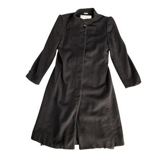 Bert Newman Coat Womens 6 Petite Black Wool Long Button Front Overcoat Made USA